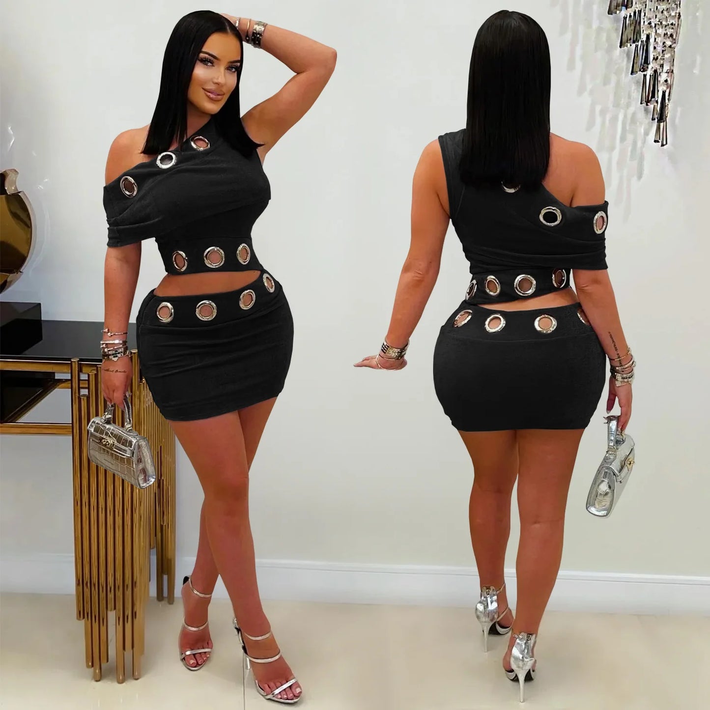 Hollow Out Skew Collar Crop Top and Skirt Two Piece Set for Women