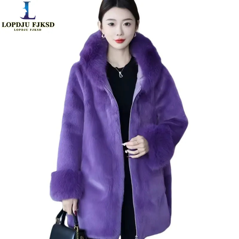 Faux Mink Fur Coat for Women,Zippers Jacket,Female Clothes,Fur Collar,Thick Warm,Autumn and Winter,2025