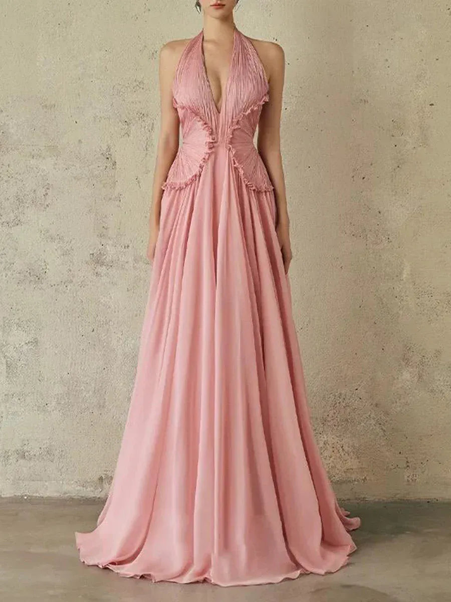 TWOTWINSTYLE Slimming Spliced Folds Elegant Dresses for Women Halter Sleeveless Tunic Temperament Long Dress Female Clothing New