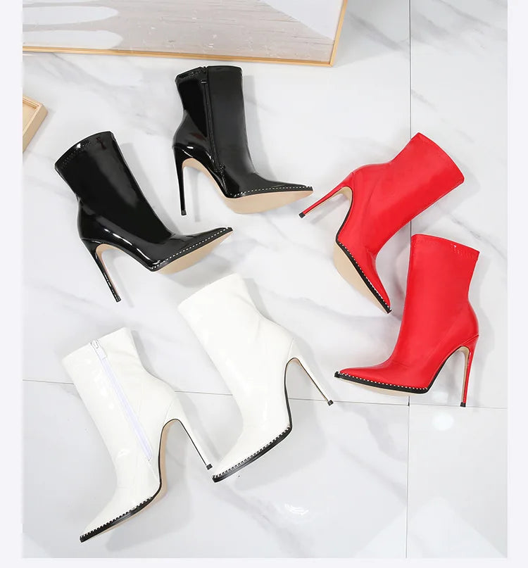 Elegant Rhinestone Bordered Side Zipper High Heel Ankle Boots for Women