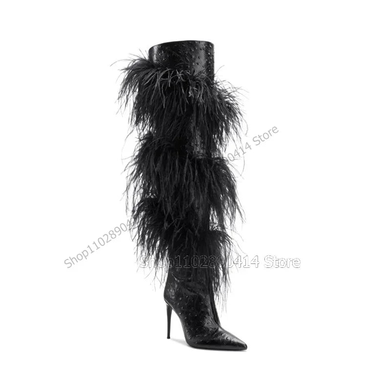 Black Ostrich Feather Pointed Toe High Heel Boots For Women