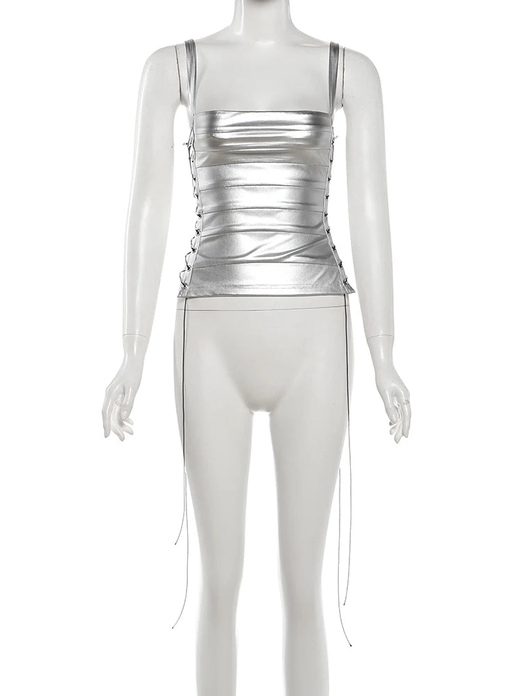 Nibber Fashion Style y2k Tops Camisole Women Summer Tops Shirring Ruched Slim Shiny Skinny Hollow Sexy Hot Chick Club Tanks Top