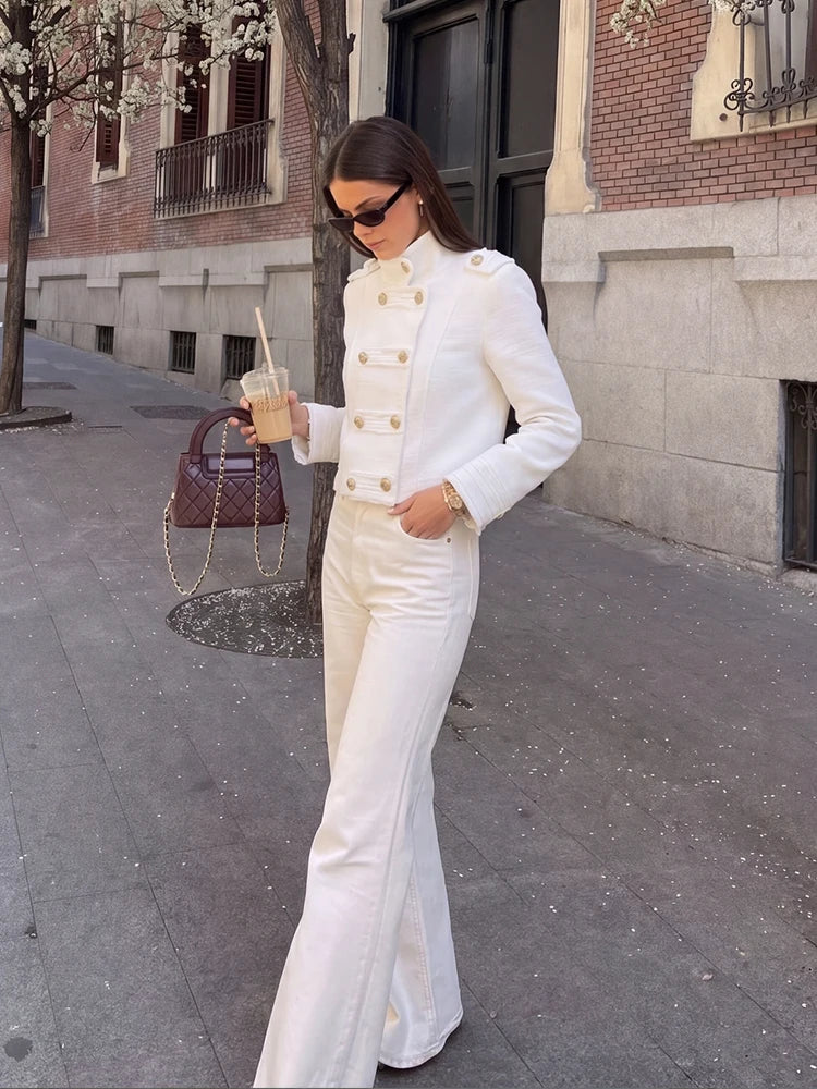 White Tweed Cropped Jacket With Gold Buttons for Women