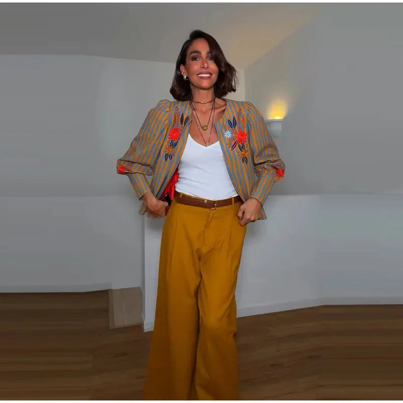 Elegant Striped Embroidered Open Stitch Jacket for Women