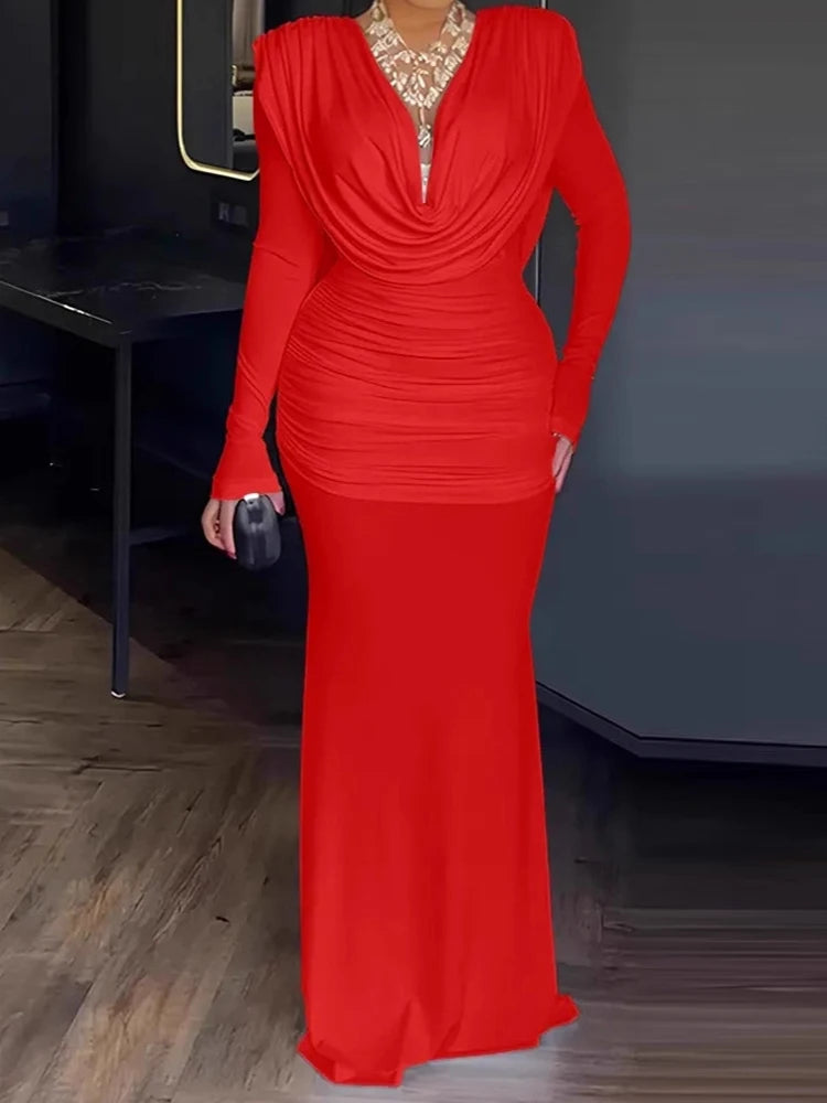 Elegant Patchwork V Neck Long Sleeve Maxi Dress for Women