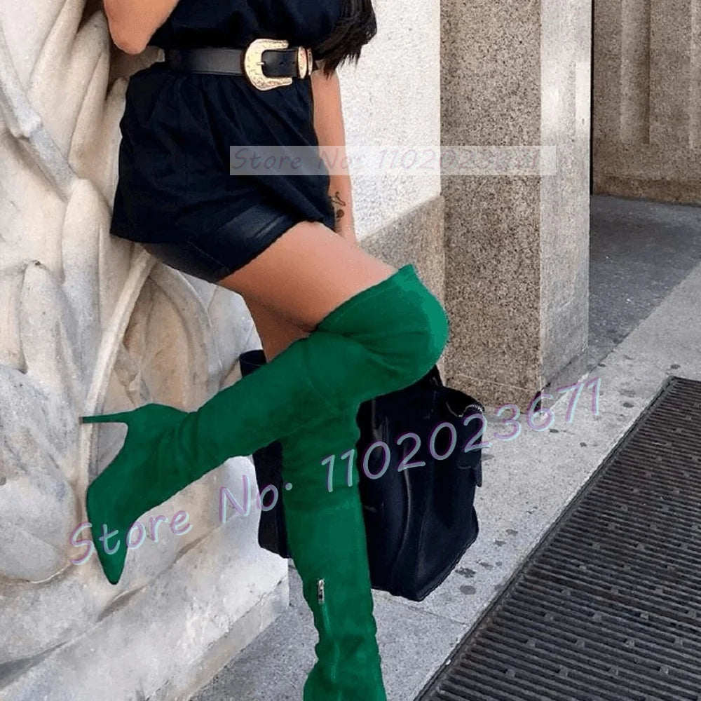 Yellow Suede Splicing Long Boots Women Vintage Streetwear Pointed Toe Over Knee Boots Ladies Green High Heels Sexy Side-zip Shoe