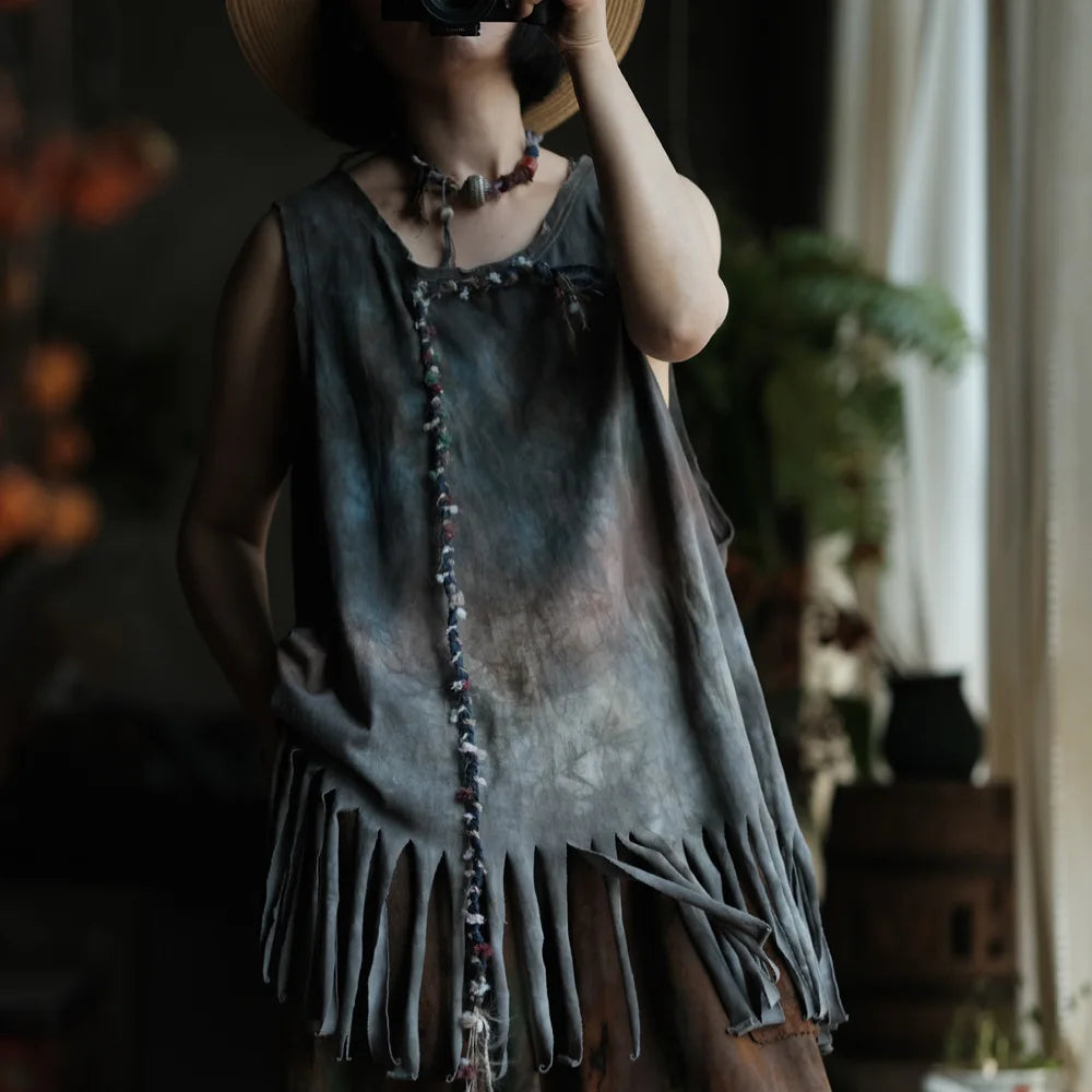 Casual Loose Fit Print Tassels Tank Top Cotton for Women
