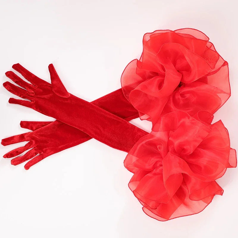 Elegant Velvet Elbow Length Ruffle Gloves for Women