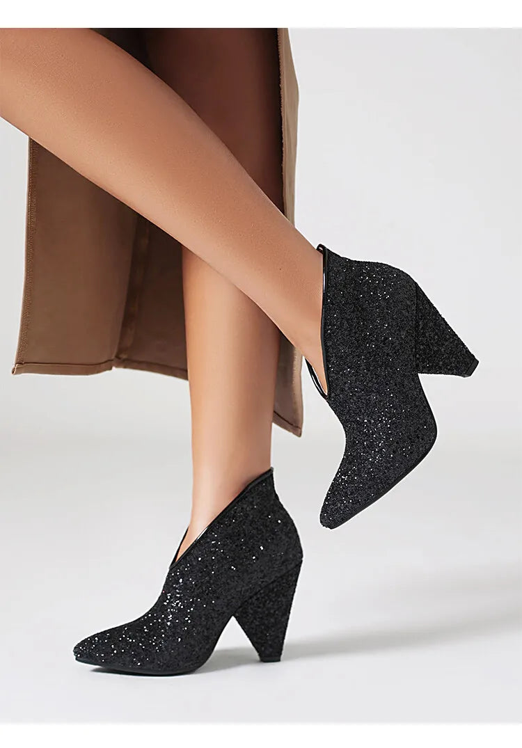 New Blingbling Pointed Toe Women Chunky Spike Heel Sequins Ankle Boots V Open Slip On Spike Heel Pointy Sequined Boots Size 43