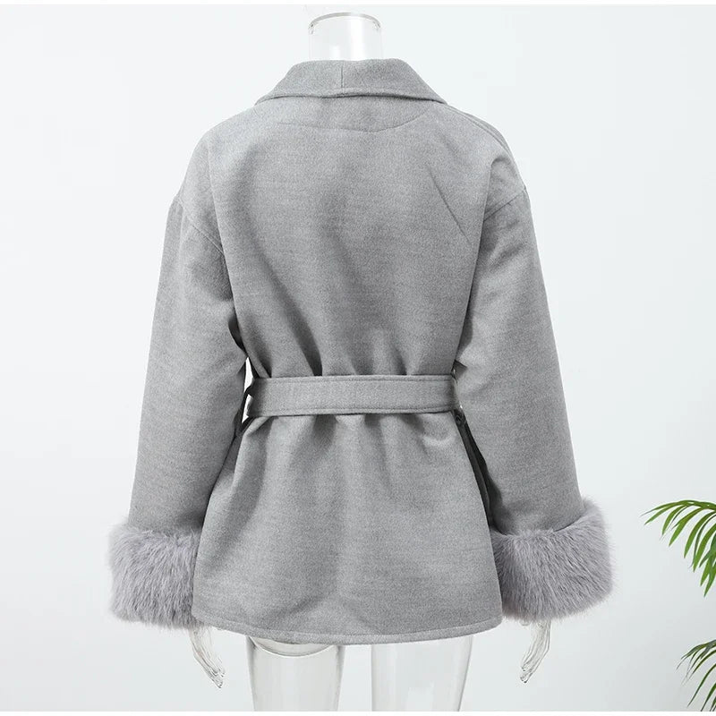 Faux Fur Wool Blend Longline Lapel Overcoat for Women