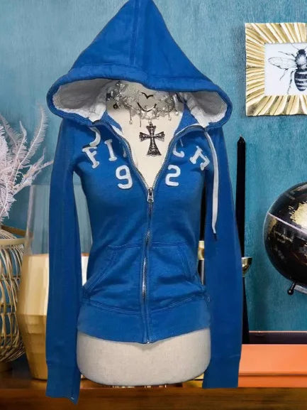 American vintage blue sweatshirt casual Y2K slim-fitting cardigan jacket for women Gothic style street wear for autumn winter
