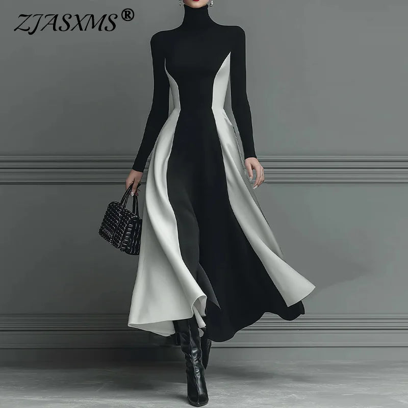 2026 Spring Contrast High Waist A-Line Dress Woman Sexy Turtleneck Elegant Party Dresses Fall Casual Long Sleeve Slim Boho Dress