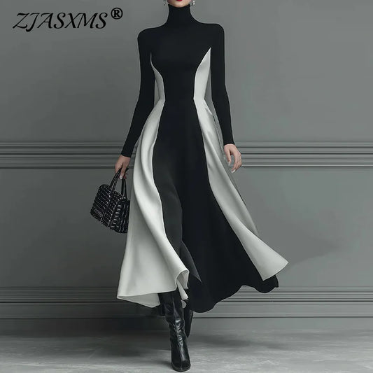 2026 Spring Contrast High Waist A-Line Dress Woman Sexy Turtleneck Elegant Party Dresses Fall Casual Long Sleeve Slim Boho Dress