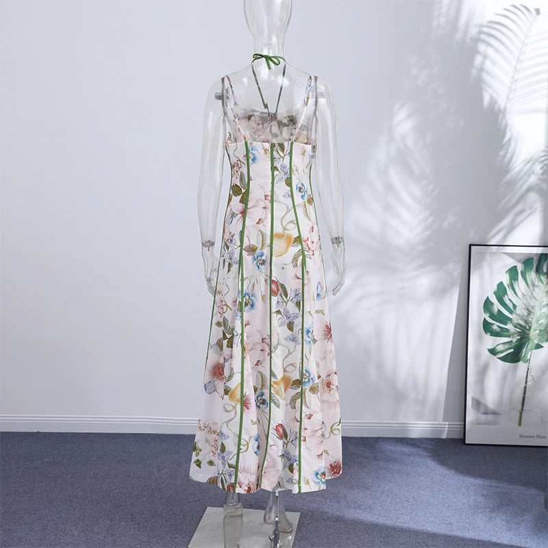 Sweetheart Neckline Floral Print Linen Blend Maxi Dress For Women