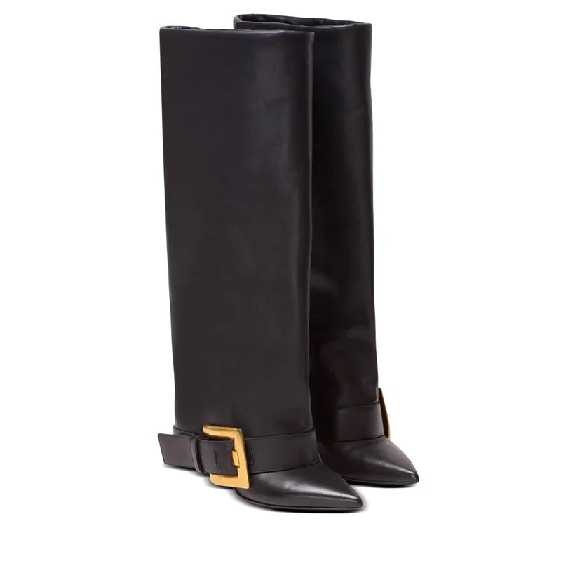 Pointed Toe Knee-High Boots With Belt Buckle for Women