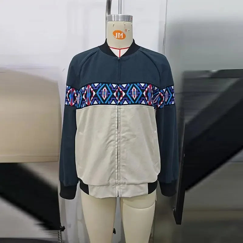 Printed Zippered Stand Collar Lightweight Jacket for Women