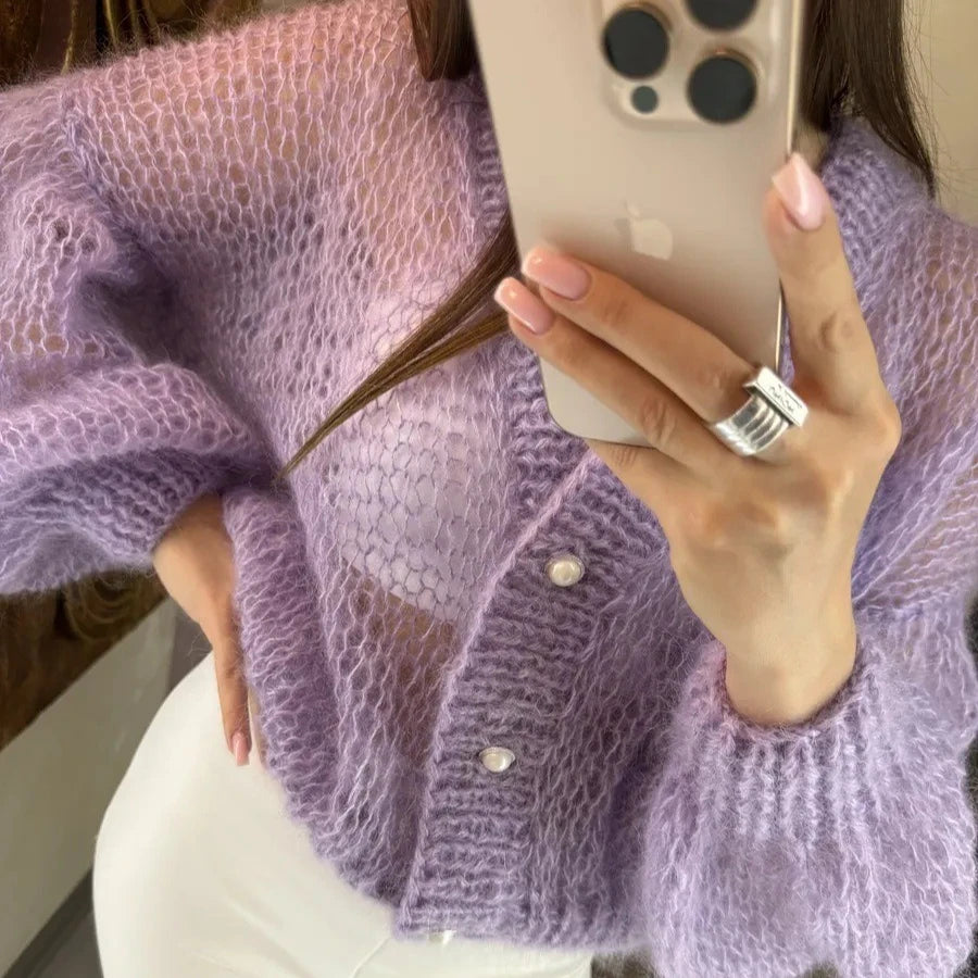 Loose Fit Open Knit V Neck Cardigan Sweater for Women