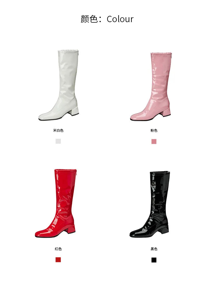 Red Patent Leather Square Toe Knee-High Boots for Women