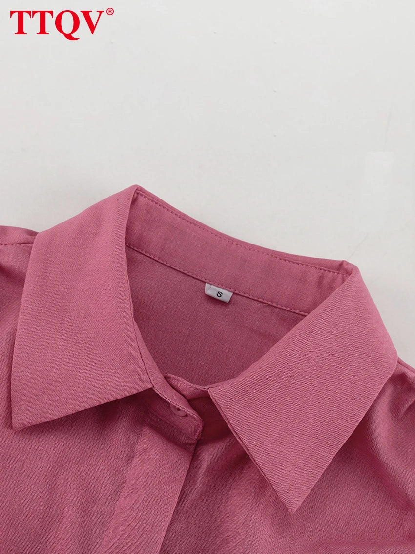 Loose Pink Cotton Shirt and Wide Leg Pants Set for Women