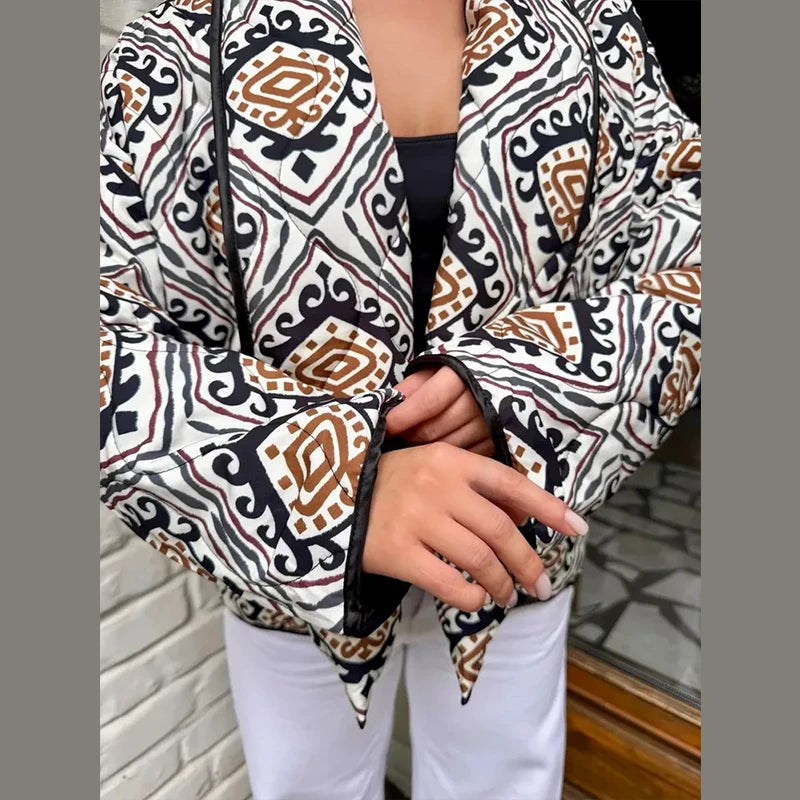 Printed Cotton Padded Winter Coat with V Neck for Women