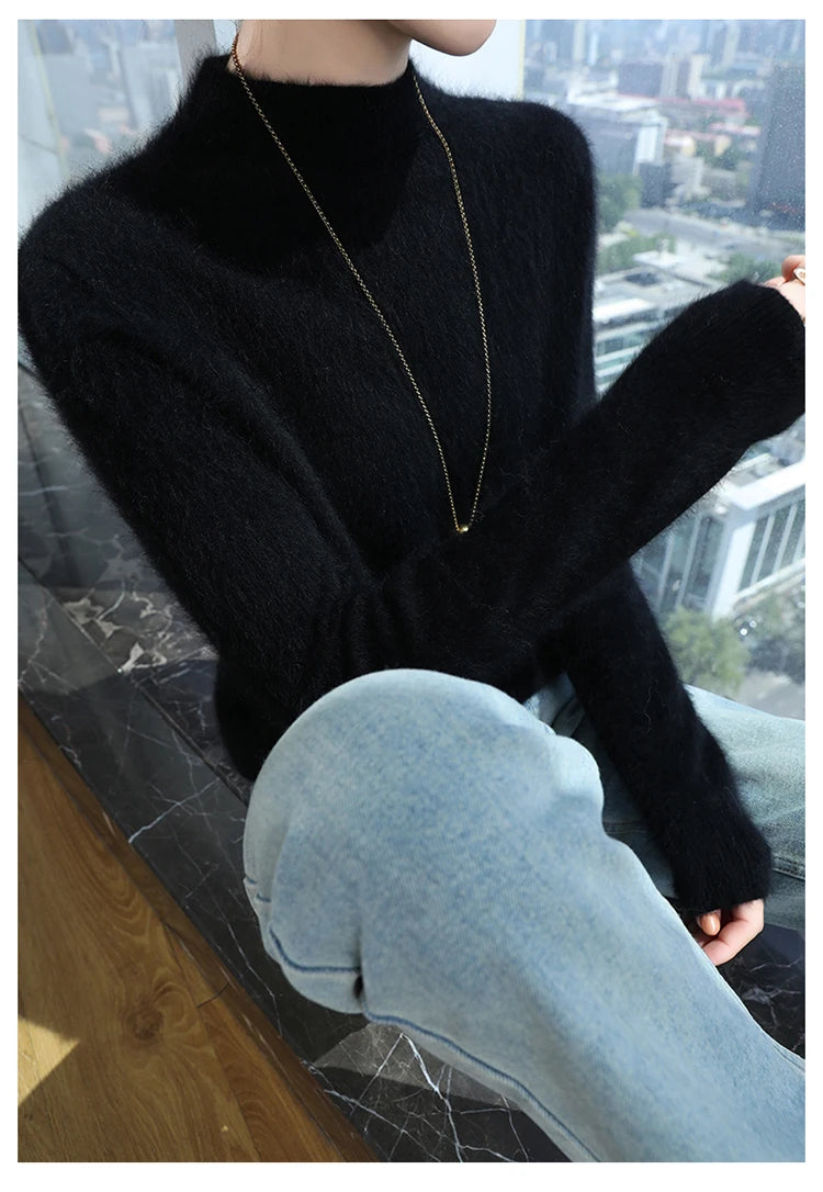 Loose Cashmere Knit Half High Neck Pullover Sweater for Women