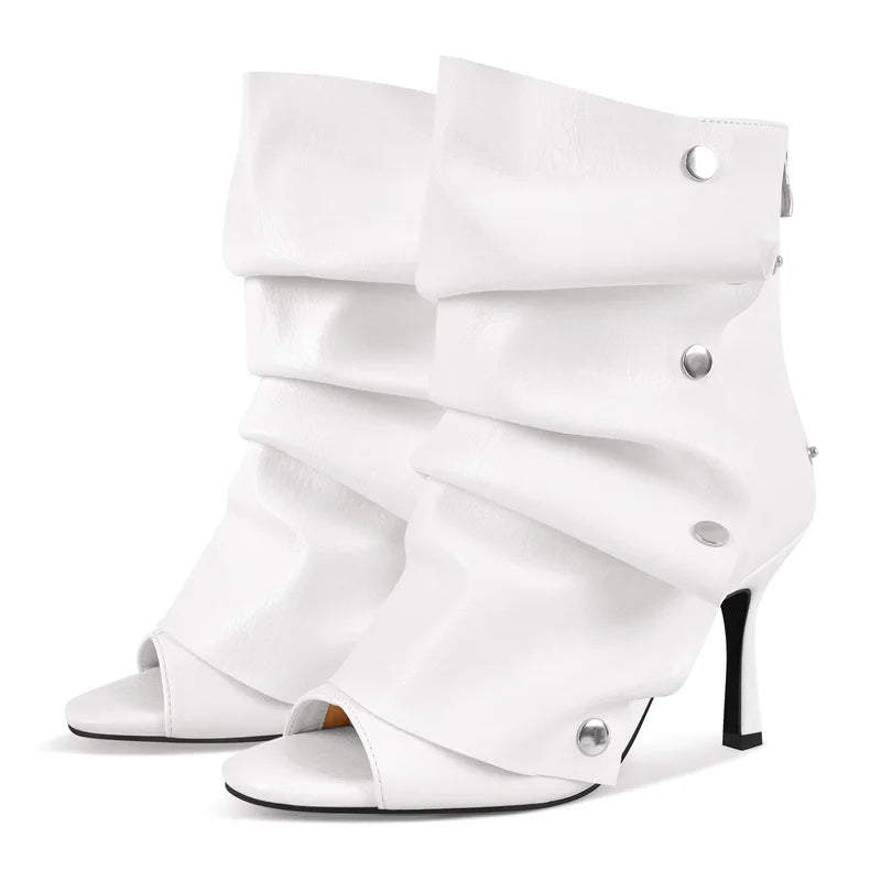 Pleated Plaid Ruched Peep Toe Ankle Boots for Women