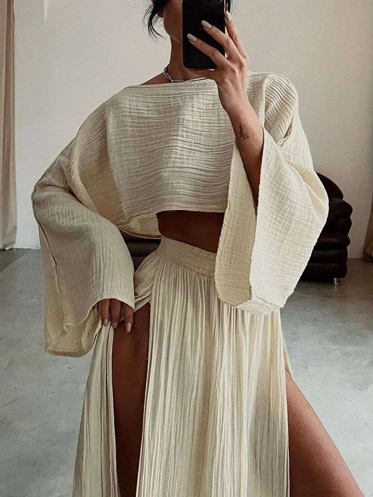 Casual Cotton Linen Blend Two Piece Skirt Set for Women