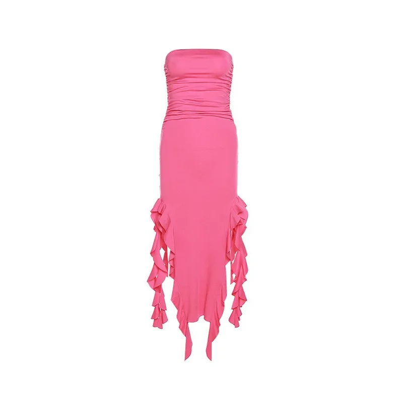 Short Dresses Womens Fashion New Sexy Spicy Girl Sleeveless Strapless Sweet Split Asymmetric Casual Party Long Dress 2025 Summer