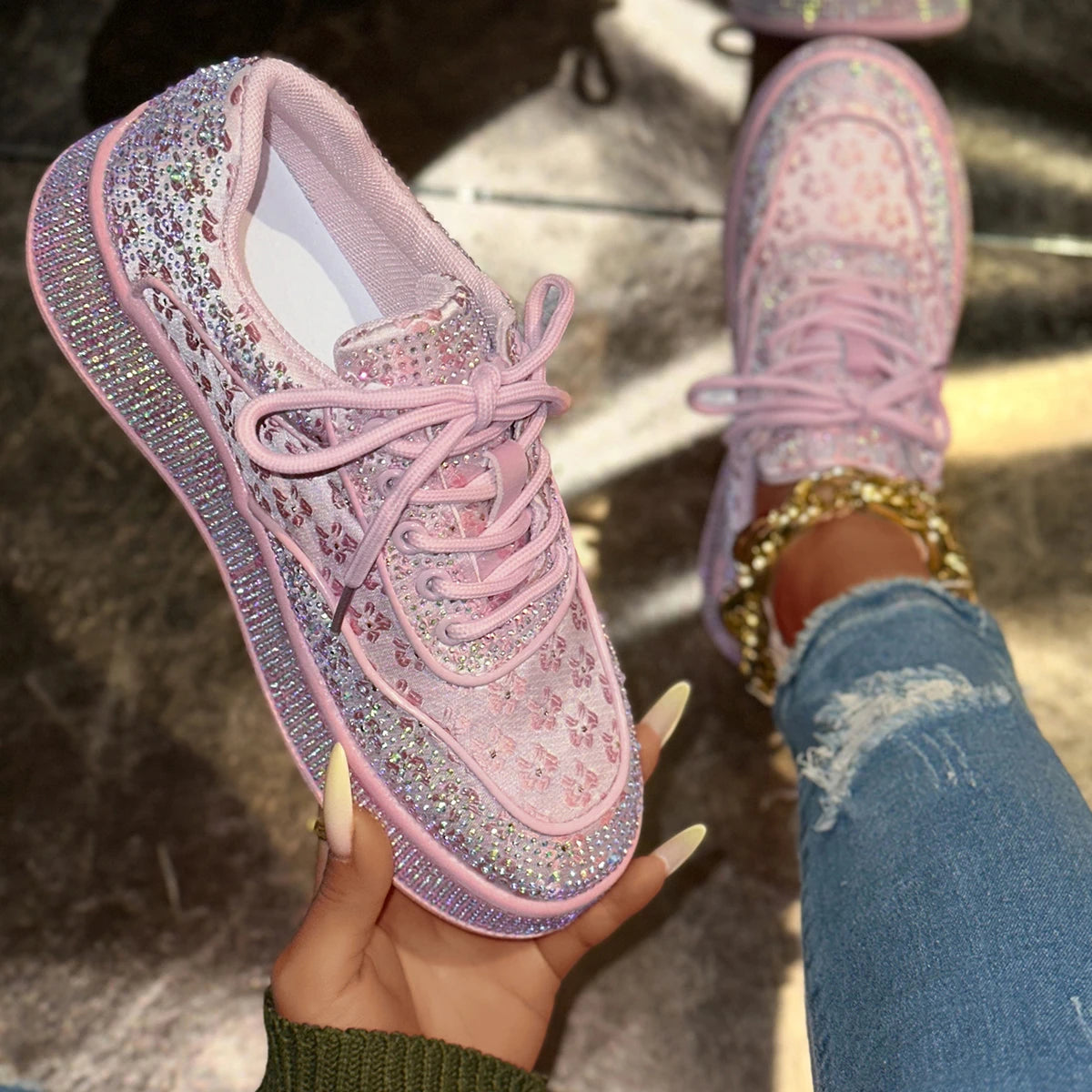 Elegant Pink Crystal Flower Lace Up Casual Flats for Women
