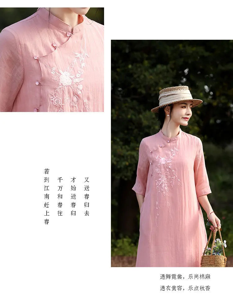 Elegant Floral Embroidered Ramie + Cheongsam Dress + for Women