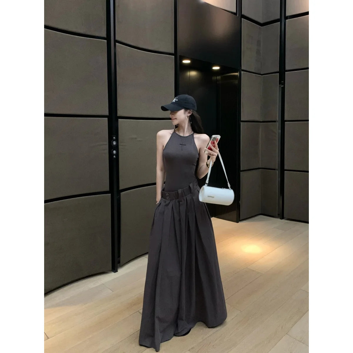 Gray High Waist Button Placket Midi Dress For Women