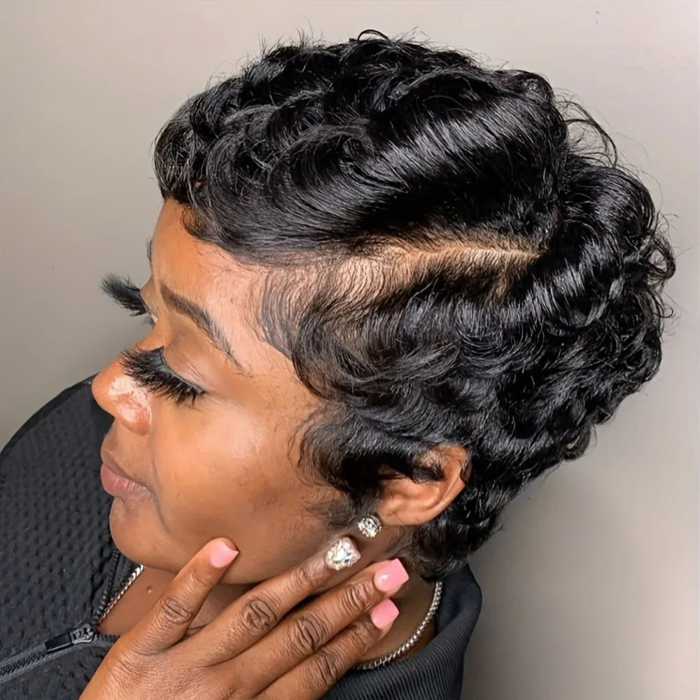 Short Pixie Cut Layered Curly Human Hair Wig for Women
