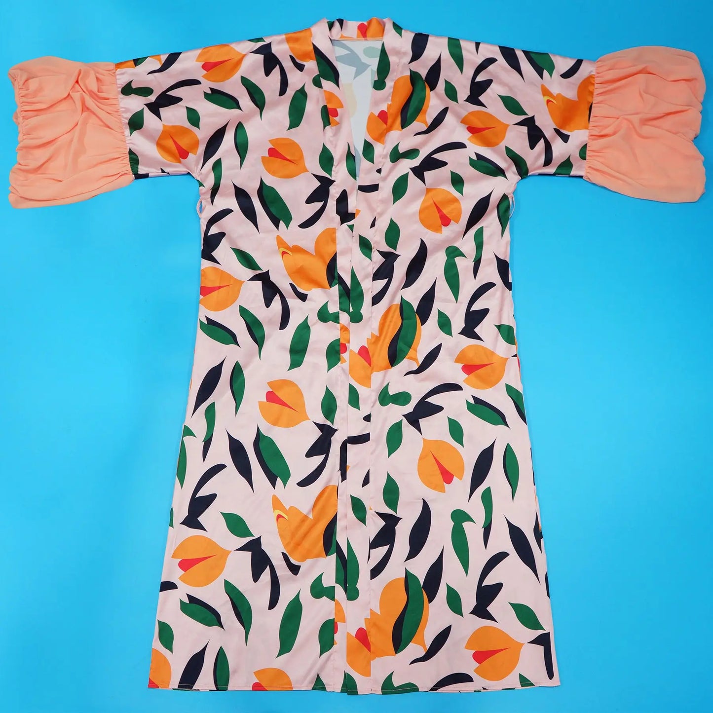 Vintage Floral Printed Chiffon Long Cardigan With Ruffle Sleeves for Women