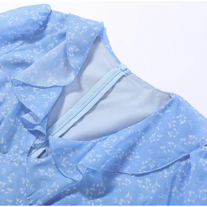 Printed V Neck Ruffle Sleeve Mid Calf Dress for Women