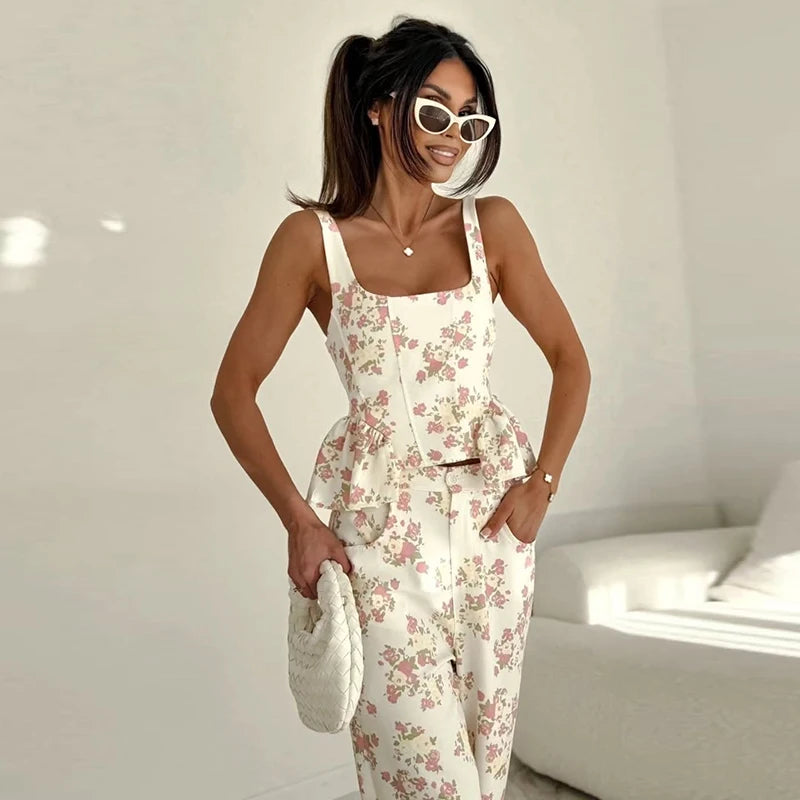 Floral Print Ruffle Wide Leg Pants Two Piece Set For Women