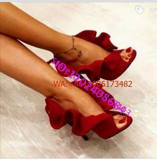 Red Ruffled Peep Toe Thin High Heel Sandals For Women