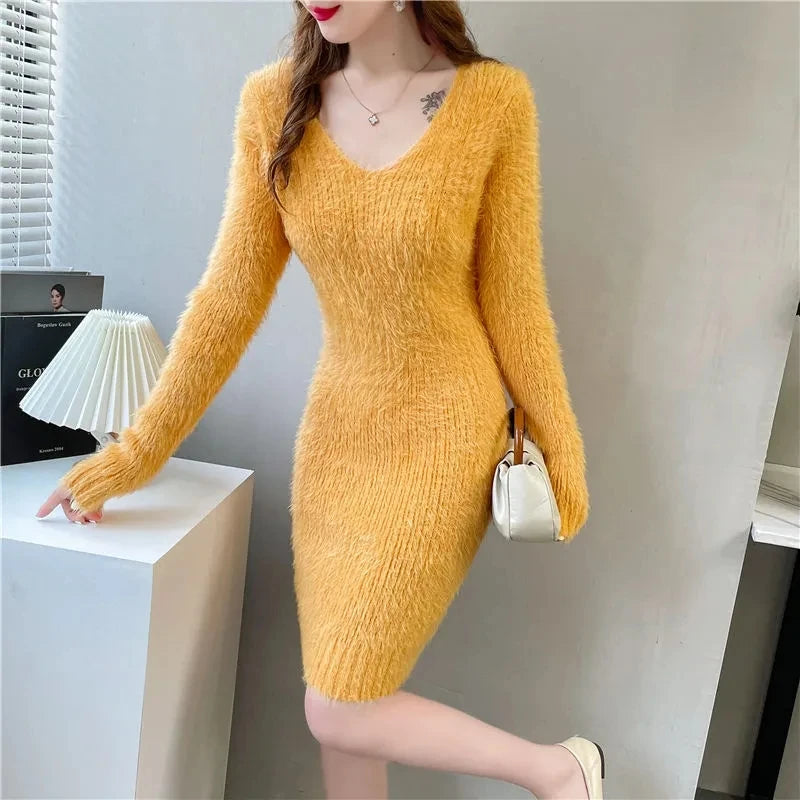 Cozy Faux Mink Knit Sweater Dress