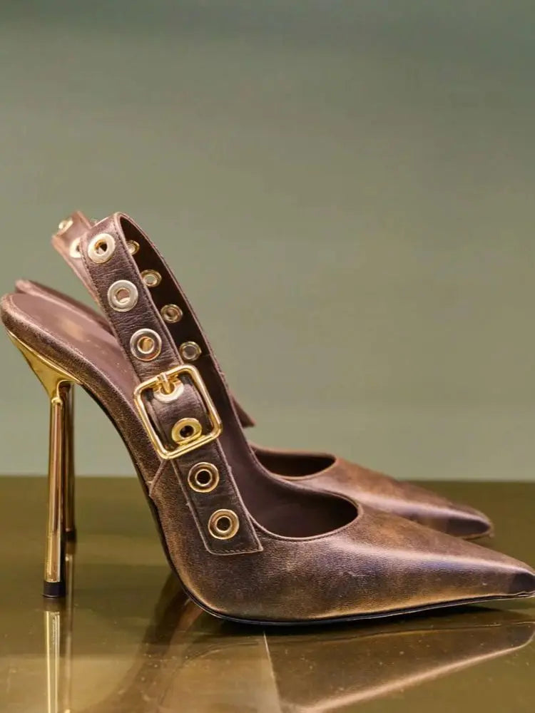 Leather Pointed Toe Slingback Stiletto Sandals With Rivet Strap For Women
