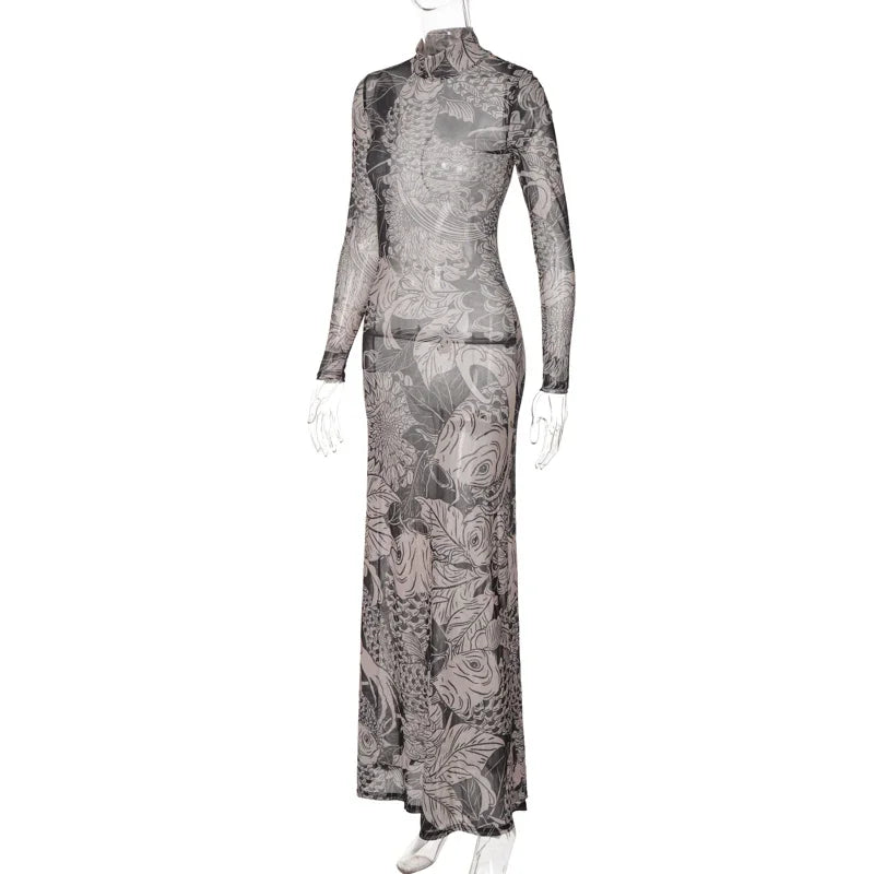 Women 2023 Autumn Winter Long Sleeve Mesh See Through Streetwear Bodycon Long Dress Wholesale Items For Business