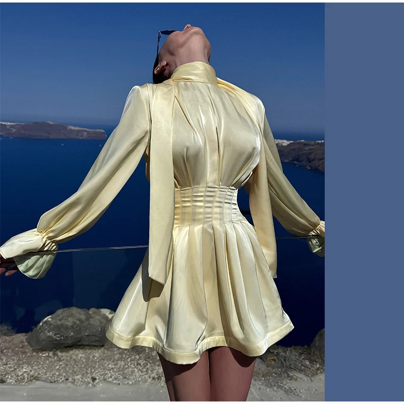 Pale Yellow Satin Puff Sleeve Ruched Waist Dress For Women