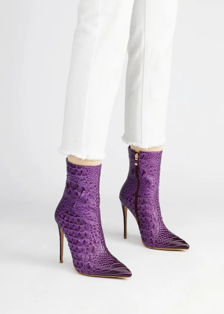 Purple Crocodile Stiletto Ankle Boots