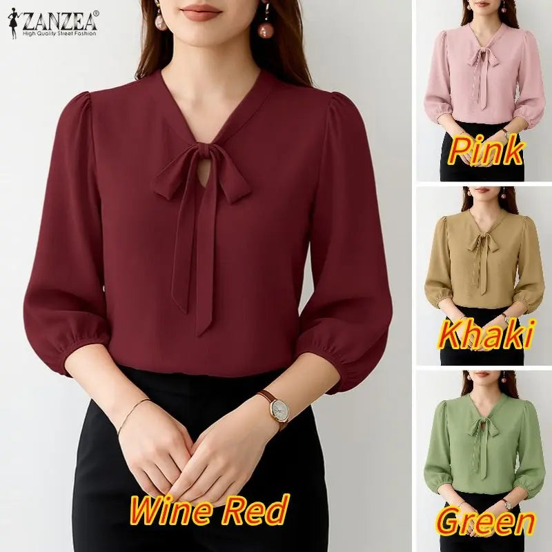Crinkled Bow Tie Neck Puff Sleeve Blouse for Women