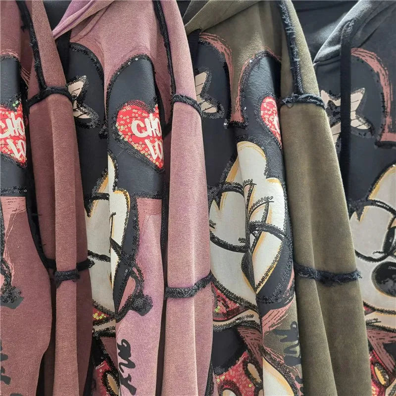 Autumn New Heavy Embroidery Cartoon Loose Coat Fashion Age-Reducing Hooded Jacket Zipper Long Sleeves Tie Top Outerwear Ladies