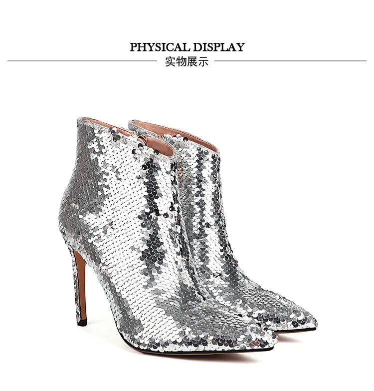 Sequined Pointed Toe Ankle Boots with Stiletto Heels for Women