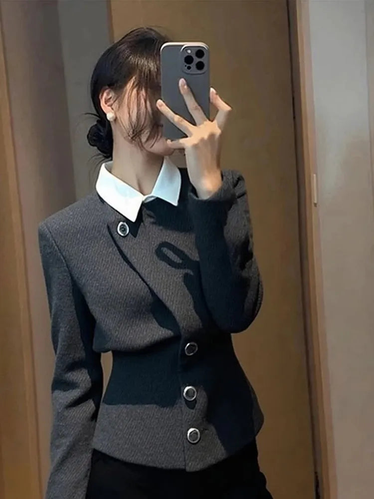 Grey Faux Two Piece Button Detail Casual Coat For Women