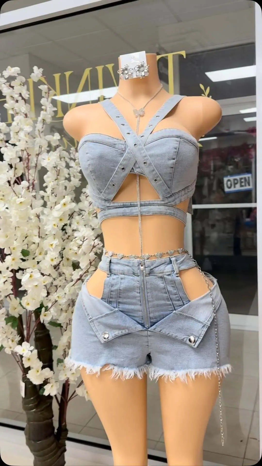 Hollow Out Denim Shorts Matching Two Piece Set for Women