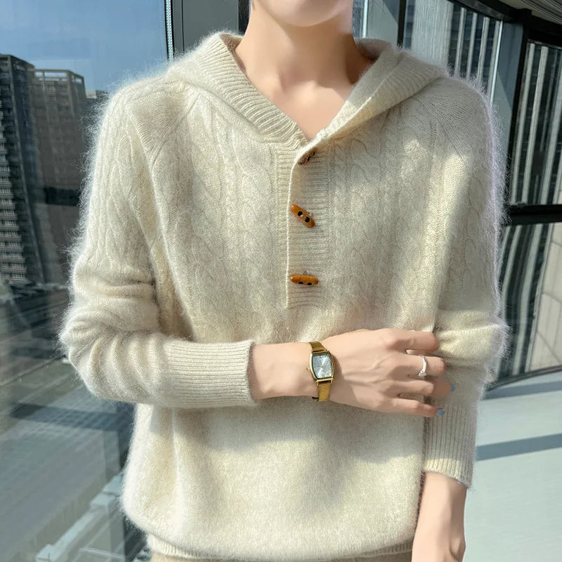 Chunky Knit Loose Hooded Pullover Sweater for Women