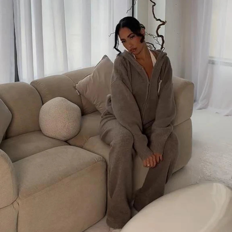 Letter Print Hooded Two Piece Set With Wide Leg Pants for Women