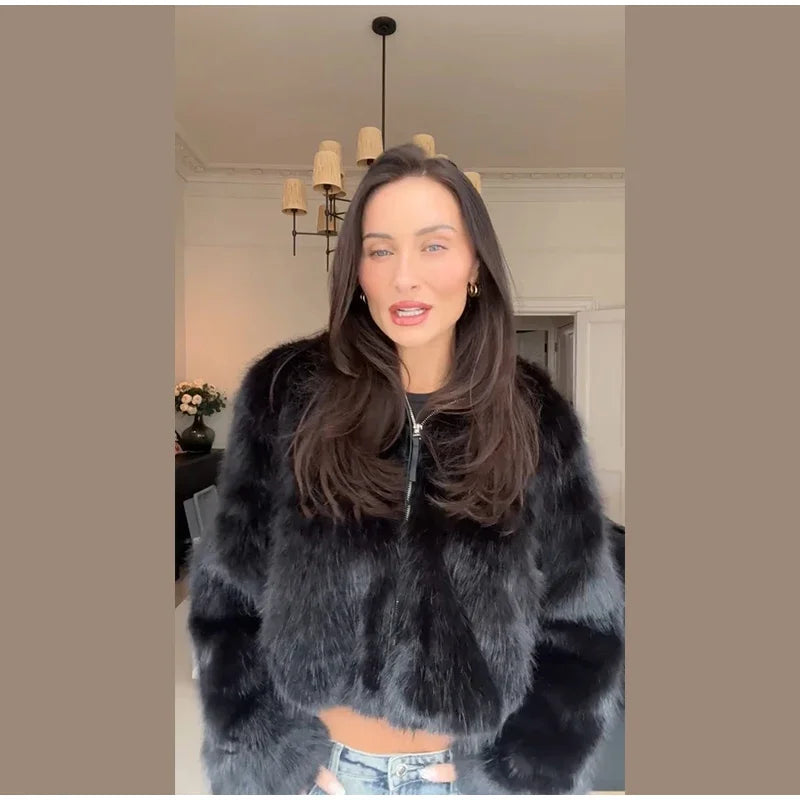 Winter Warm Hooded Faux Fur Long Sleeve Coat with Zipper for Women