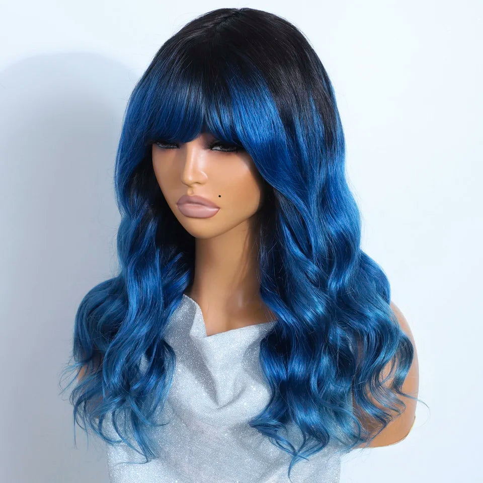 Long Purple Body Wave Human Hair Wig With Bangs for Women